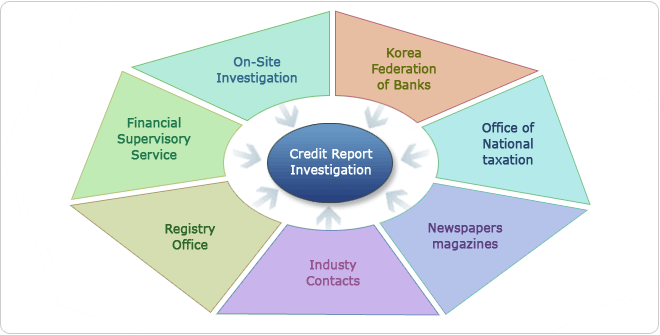 Credit Report Investigation:Korea Dederation of Banks. Office of National Texation. Newspapers Magasines. Industy Contacts. Registry Office. Finacial Supervisory Service. On-Site Investigation